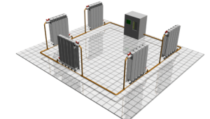 Hot water passes sequentially from the heating boiler through all radiators and returns