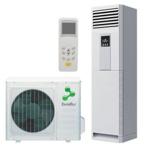 indoor and outdoor units of columned air conditioner with remote control